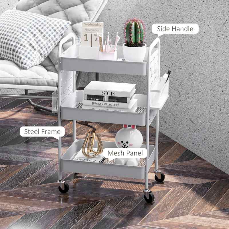 HOMCOM 3-tier Storage Trolley on Wheels, Rolling Utility Serving Cart with 3 Mesh Baskets, 2 Hanging Boxes and 6 Hooks for Living Room, Kitchen, White