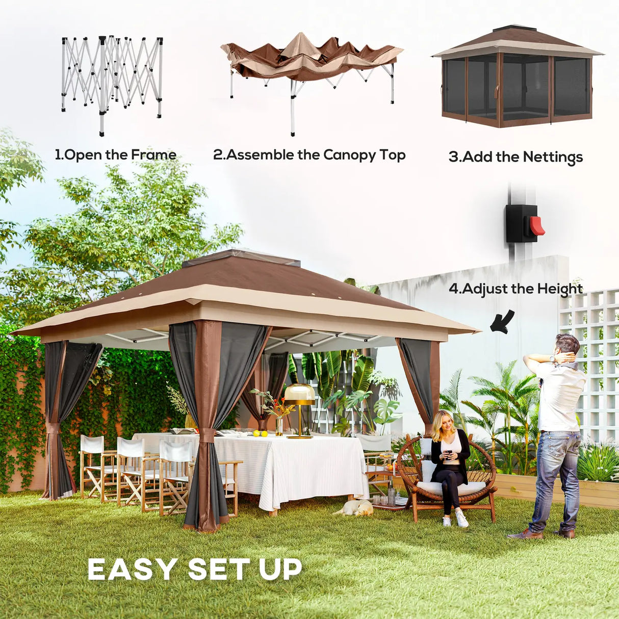 Outsunny 3.6 x 3.6m Pop-Up Gazebo, with Accessories - Brown