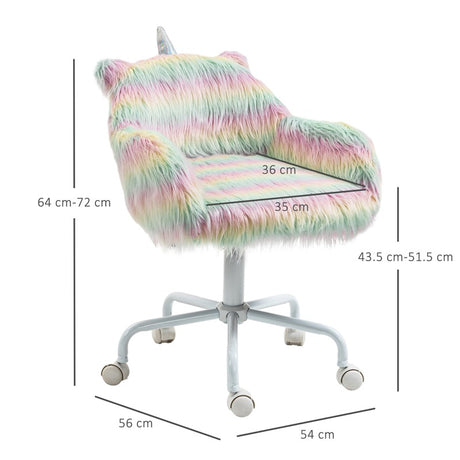 Vinsetto Unicorn Home Office Chair, Height Adjustable Fluffy Desk Chair with Armrests and Swivel Wheels, Colourful