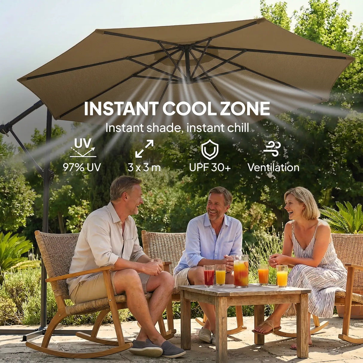 Outsunny 3 m Garden Cantilever Parasol with Cover, Round Overhanging Umbrella with 360 Rotation, Tilt, Khaki