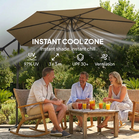 Outsunny 3 m Garden Cantilever Parasol with Cover, Round Overhanging Umbrella with 360 Rotation, Tilt, Khaki