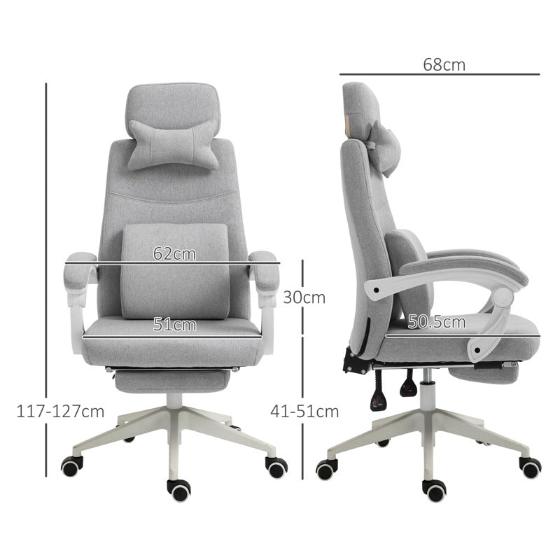 Vinsetto Office Chair, Ergonomic Desk Chair, High Back Fabric Work Chair with 160° Reclining Backrest, Retractable Footrest, Neck and Lumbar Pillow for Home and Study, Grey