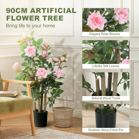 HOMCOM 90cm Artificial Rose Tree Set of 2, Decorative Fake Plant with 344 Silk Leaves 17 Flowers for Outdoor Indoor Decor, Pink