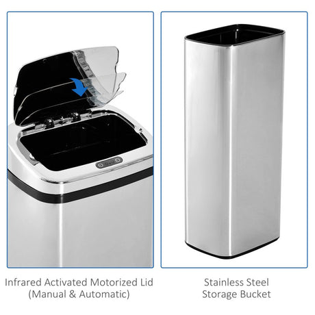 HOMCOM 50L Infrared Touchless Automatic Motion Sensor Dustbin Stainless Steel Trash Can Home Office