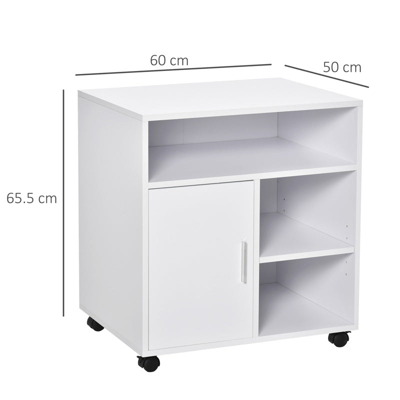 HOMCOM Multi-Storage Printer Stand Unit Office Desk Side Mobile Storage w/ Wheels Modern Style 60L x 50W x 65.5H cm - White