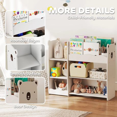 AIYAPLAY Kids Toy Storage Unit, Bear Design Kids Bookshelf and Toy Organiser, for Bedroom, Nursery, Playroom, White