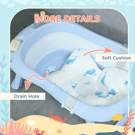 ZONEKIZ Foldable Baby Bathtub, with Non-Slip Support Legs, Cushion Pad, Shower Holder - Blue