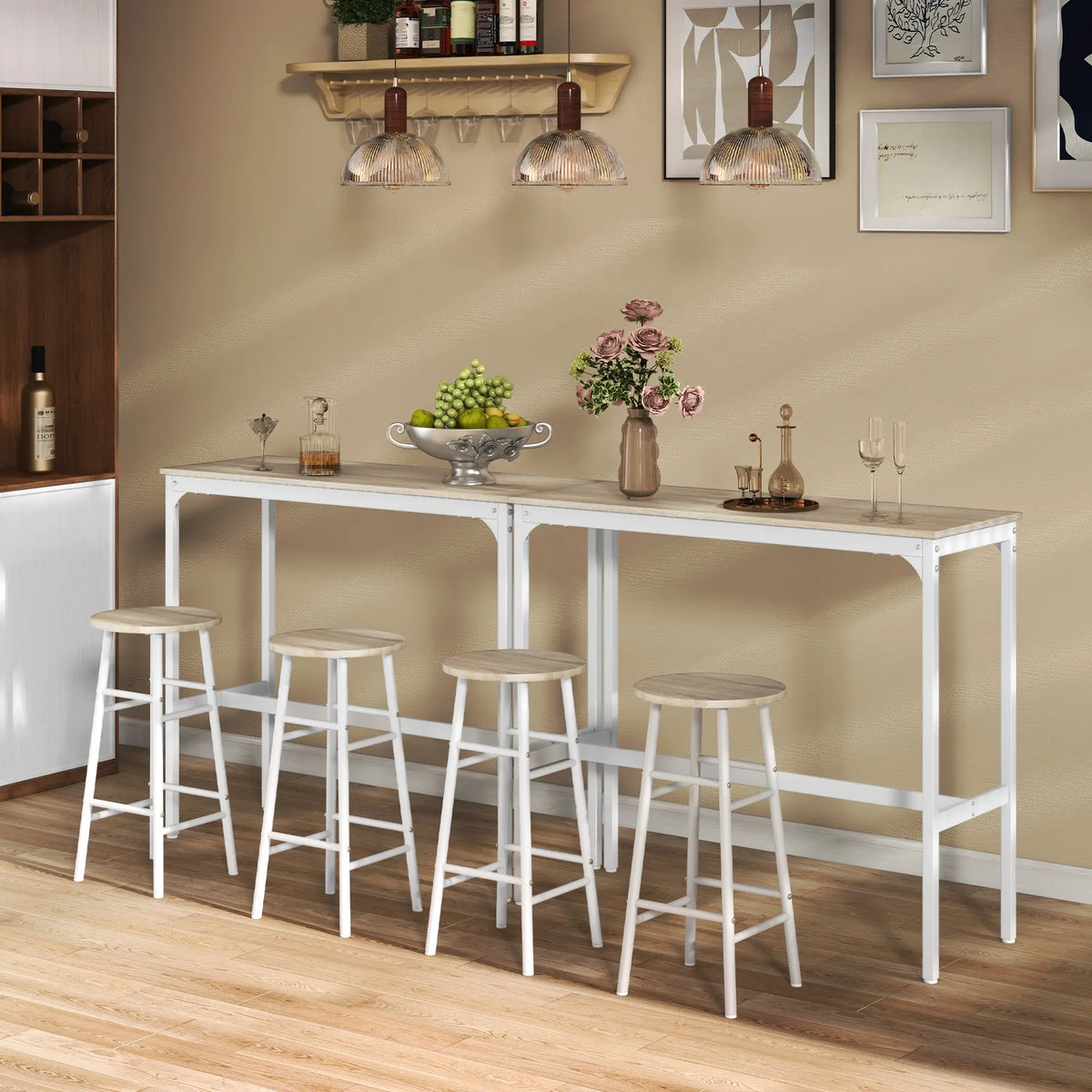 HOMCOM 3 Piece Bar Table Set with 2 Stools, Industrial Bar Table and Stool Set, Dining Table and Chair Set, Oak