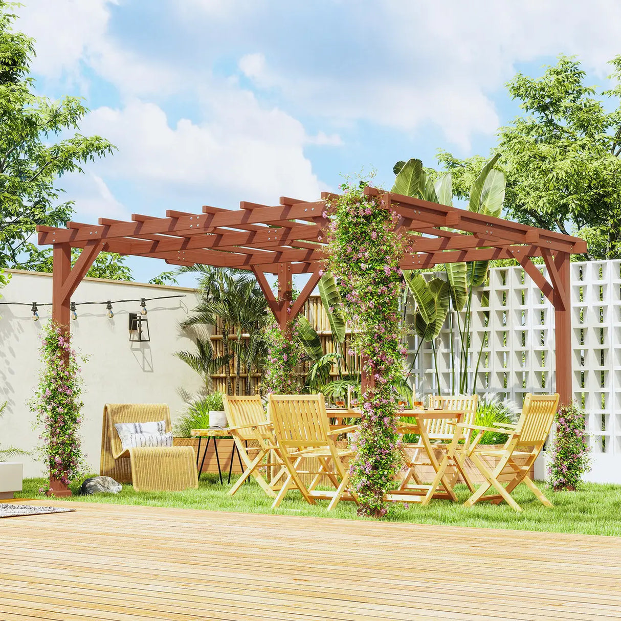 Outsunny 3.3 x 3.3 m Wooden Pergola Kit, Graden Pergola Gazebo Grape Trellis with Stable Structure for Climbing Vines, Flowers