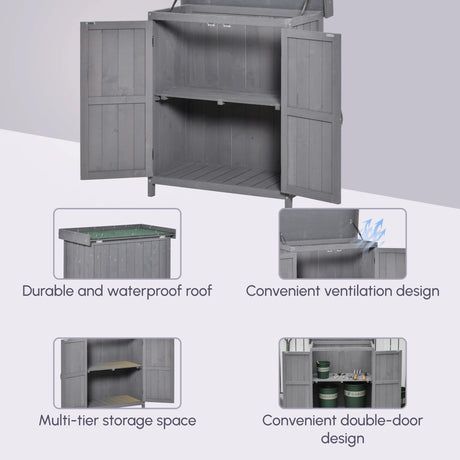 Outsunny Small Shed, Wooden Garden Shed with Openable Hinged Roof and Removable Shelf, Outdoor Tool Storage Cabinet Chest with Double Doors, 74 x 43 x 88 cm, Grey