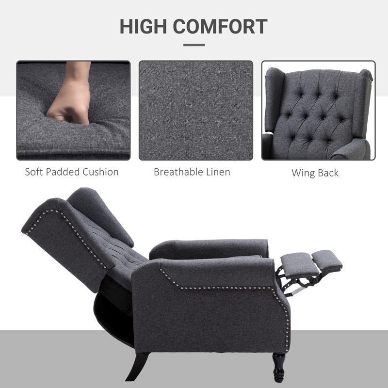 HOMCOM Recliner Armchair, Vintage Reclining Chair with Nail Head Trim, Wingback Chair with Button Tufted Back and Footrest, for Living Room, Dark Grey