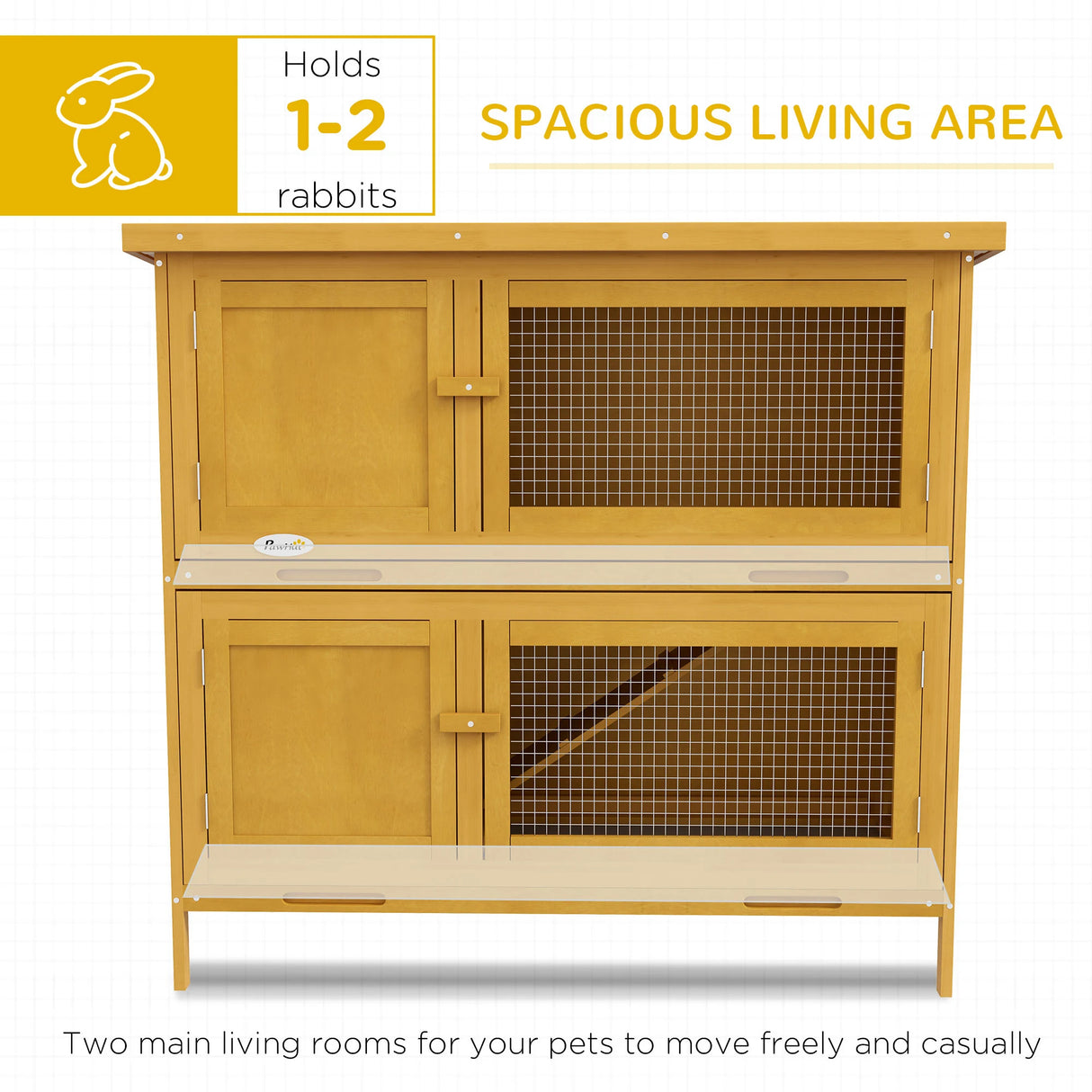 PawHut Double Decker Rabbit Hutch 2 Tier Guinea Pig House Pet Cage Outdoor with Sliding-out Tray, 97 x 44 x 91cm, Yellow