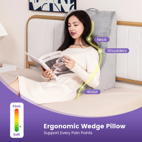 Reading cushion for bed and sofa with washable cover, vein cushion for elevating legs, grey