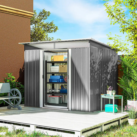 Outsunny Garden Metal Storage Shed House Hut Gardening Tool Storage w/ Tilted Roof and Ventilation 8.5 x 6ft, Grey