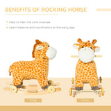 HOMCOM 2 In 1 Kids Todder Rocking Horse Plush Ride On Giraffe Rocker with Wheels Wooden Base Animal Sounds for 3-6 Years