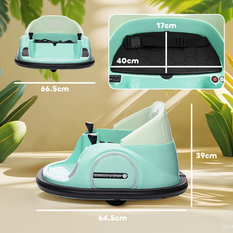 AIYAPLAY 360 Rotation Kids Bumper Car, 12V Waltz Car with Remote Control, Dual Joystick, Music, Lights, Green