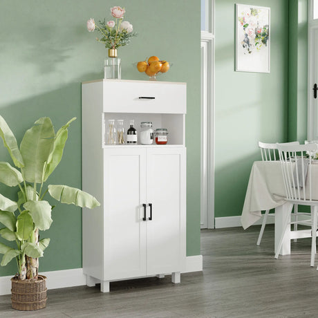 HOMCOM Freestanding Kitchen Cupboard, Nordic Storage Cabinet with Drawer, Doors and Open Countertop for Living & Dining Room, 130cm, White