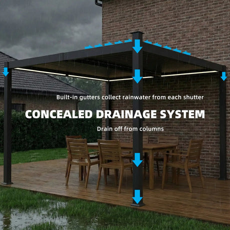 Outsunny 3 x 3 m Louvered Pergola with Solar LED lights, Metal Roof, Patio Gazebo Pergola Canopy with Drainage Gutters, Black