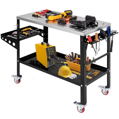 Welding Table Workbench on Wheels with Tool Rack and Tray-Black