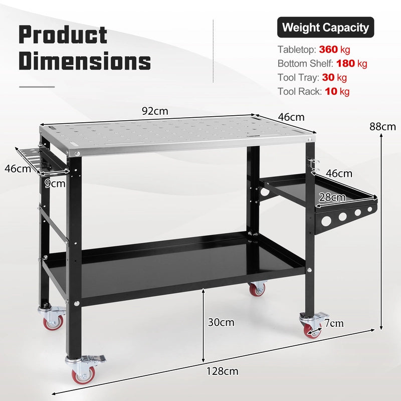 Welding Table Workbench on Wheels with Tool Rack and Tray-Black