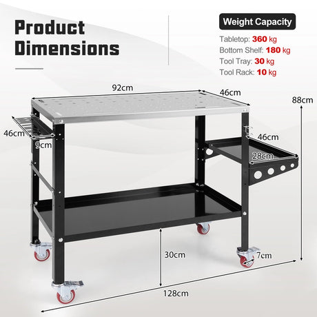 Welding Table Workbench on Wheels with Tool Rack and Tray-Black
