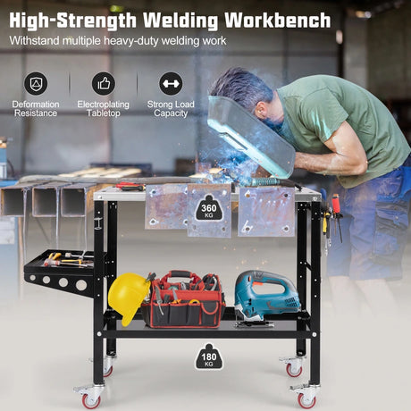 Welding Table Workbench on Wheels with Tool Rack and Tray-Black
