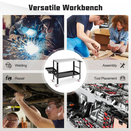 Welding Table Workbench on Wheels with Tool Rack and Tray-Black