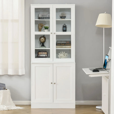 HOMCOM Modern Bookcase with Glass Doors, Display Storage Cabinet with Adjustable Shelves for Living Room, Study, Home Office, Kitchen Cupboard with Small Open Counter, White