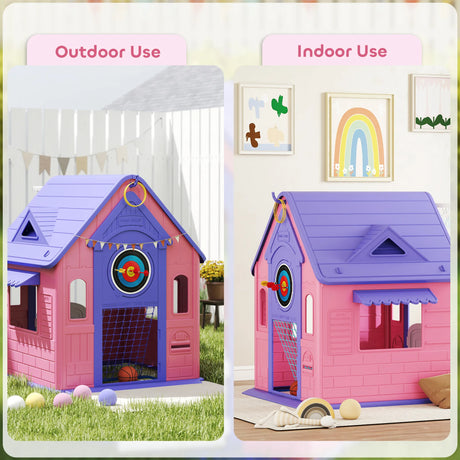 AIYAPLAY 5-in-1 Playhouse for Kids Outdoor Indoor with Basketball Hoop, Football Goal, Dartboard, Ring Toss for 2-5 Years, Pink