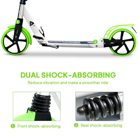 HOMCOM Folding Kick Scooter, Adjustable Ride On Scooter with 200mm Big Wheels and Double Shock Absorption, Urban Scooter for 14+ Teens Adult, Green