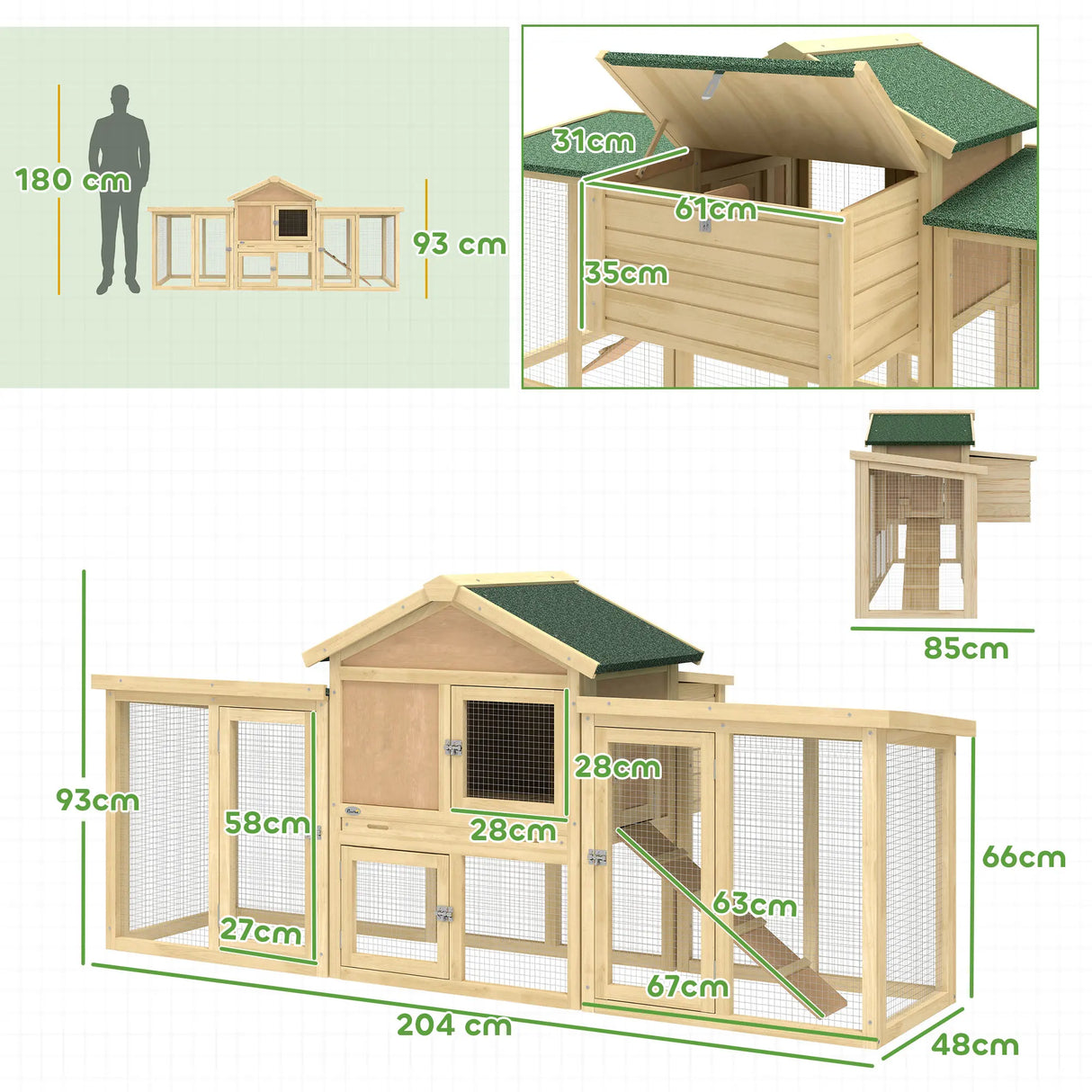PawHut Large Chicken Coop, Wooden Outdoor Chicken Cage Poultry Hen House with Nesting Box