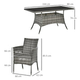 Outsunny 7-Piece Rattan Garden Furniture Set with Cushions, 6 Seater Garden Table and Chairs, Rattan Dining Set with 6 Armchairs, Rectangular Glass Top Table, Grey