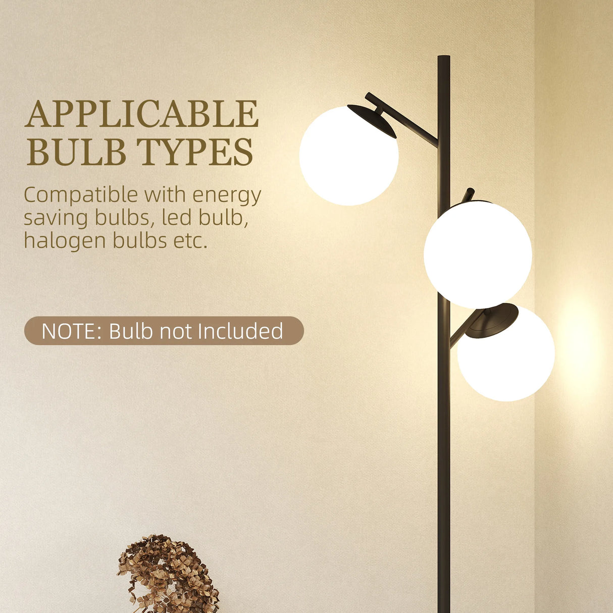 HOMCOM 3-Light Tree Floor Lamps for Living Room, Modern Standing Lamp for Bedroom with Globe Lampshade, Steel Base, Bulb not Included, Black