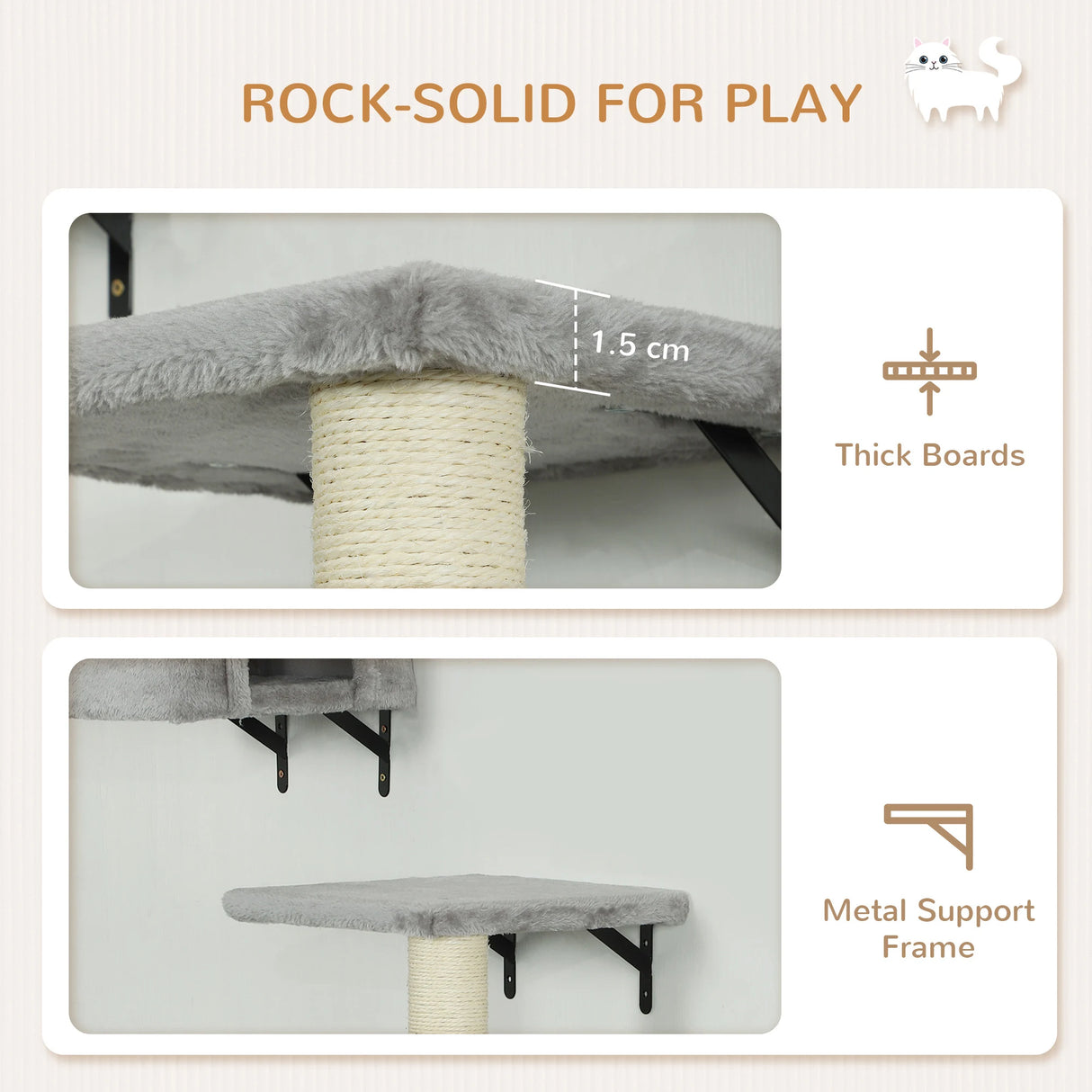 PawHut 6-Piece Cat Wall Shelves Set with Condo, Cat Wall Furniture with Platforms, Sisal Scratching Post, Bed, Toy Ball, Grey