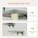 PawHut 6-Piece Cat Wall Shelves Set with Condo, Cat Wall Furniture with Platforms, Sisal Scratching Post, Bed, Toy Ball, Grey