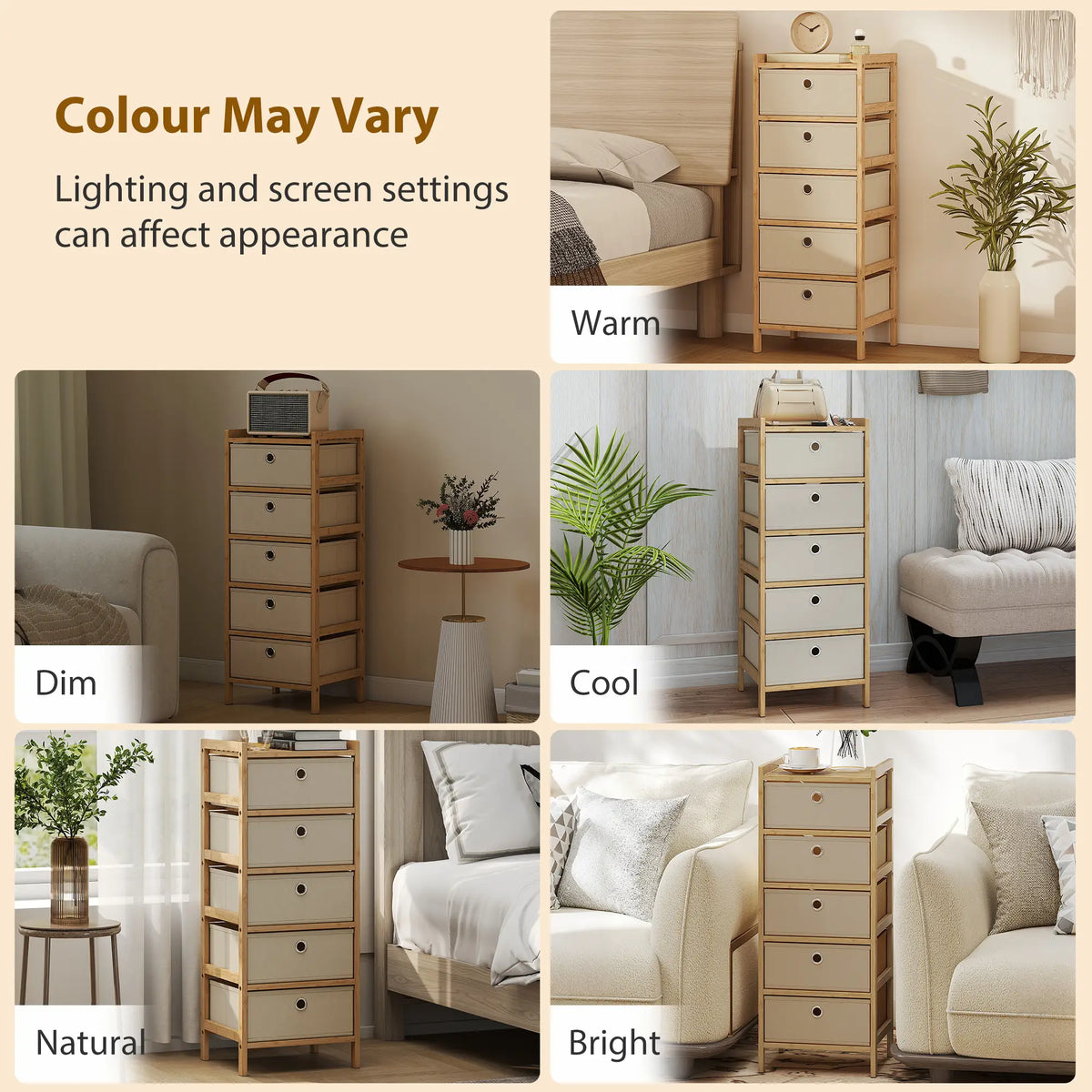 HOMCOM Chest of Drawers, 5 Fabric Drawers Narrow Dresser with Bamboo Frame, Cream White