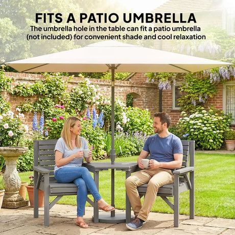 Outsunny Wooden Garden Bistro Set, 2 Seater Wooden Outdoor Table and Chairs with Parasol Hole for Patio, Light Grey