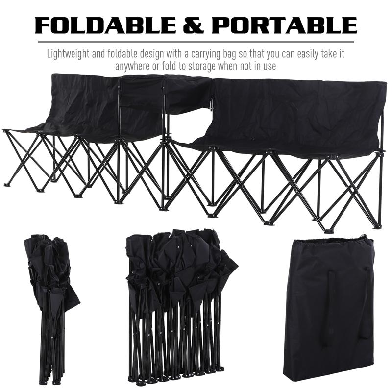 Outsunny 6 Seat Folding Sports Bench Portable Sports Team Bench Spectator Chair with Cooler Bag and Carrying Bag for Outdoor Picnic Camping - Black