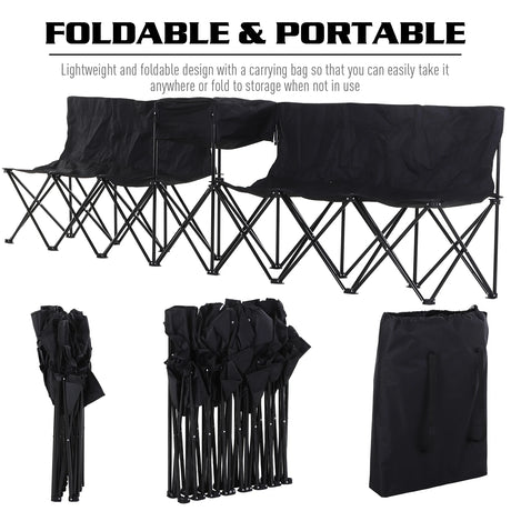 Outsunny 6 Seat Folding Sports Bench Portable Sports Team Bench Spectator Chair with Cooler Bag and Carrying Bag for Outdoor Picnic Camping - Black