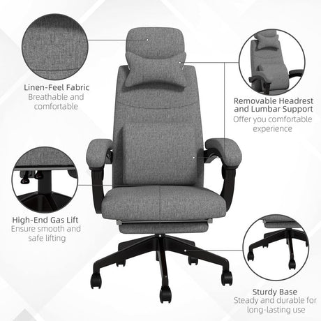 Vinsetto Linen-Look Office Chair, with 160° Reclining Back and Footrest - Grey