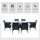 Outsunny 6 Seater Rattan Dining Set with Cushions, Rattan Garden Furniture Set with 6 Armchairs, Rectangular Glass Top Table, Outdoor Dining Table and Chairs, Black
