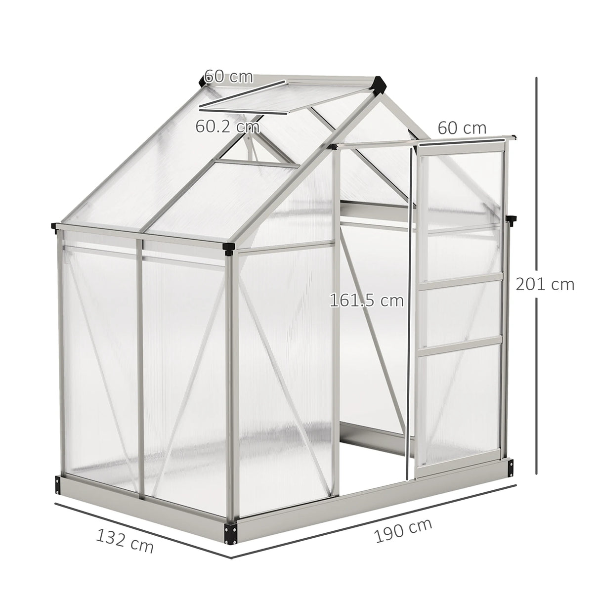 Outsunny Polycarbonate Greenhouse, Large Walk-In Green House with Slide Door and Window, Aluminium Frame, 6x4ft, Silver Tone