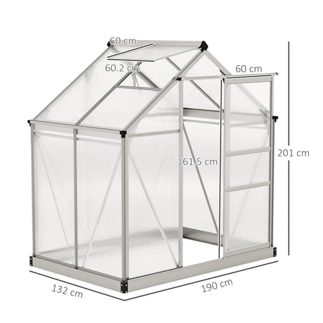 Outsunny Polycarbonate Greenhouse, Large Walk-In Green House with Slide Door and Window, Aluminium Frame, 6x4ft, Silver Tone