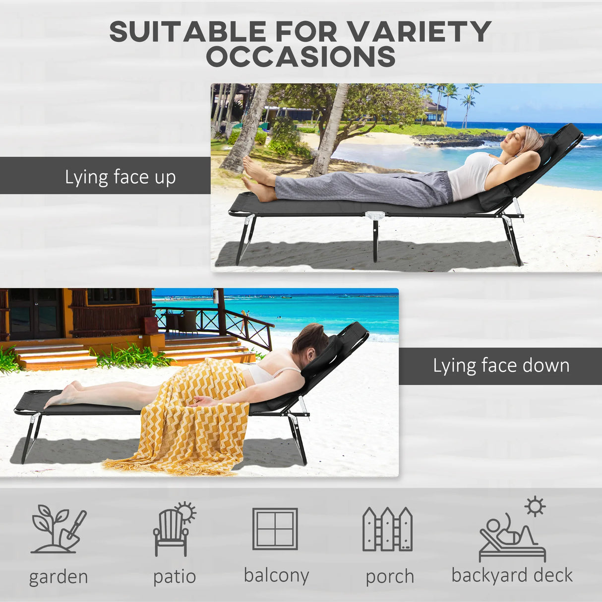Outsunny Folding Sun Loungers Set of 2 with Face Hole, 4-Position Adjustable Backrest Garden Recliner Chairs Sunbeds, Outdoor Lounge Chairs with 600 D Oxford Cloth Seat, Pillow for Beach, Black
