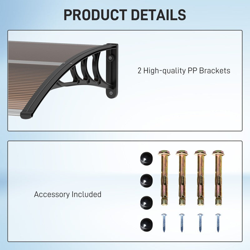 Outsunny Front Door Canopy Outdoor Awning Aluminium Rigid Plastic Polycarbonate Rain Shelter UV Water Rain Resistant 100 x 75cm Brown