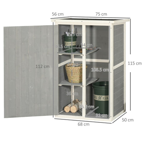 Outsunny Garden Shed Wooden Garden Storage Shed Fir Wood Tool Cabinet Organiser with Shelves 75L x 56W x115Hcm Grey