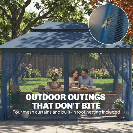 Outsunny 3 x 4 m Outdoor Garden Gazebo with Netting and Curtains, UPF50+ Patio Gazebo Permanent Pavilion Canopy, Dark Blue