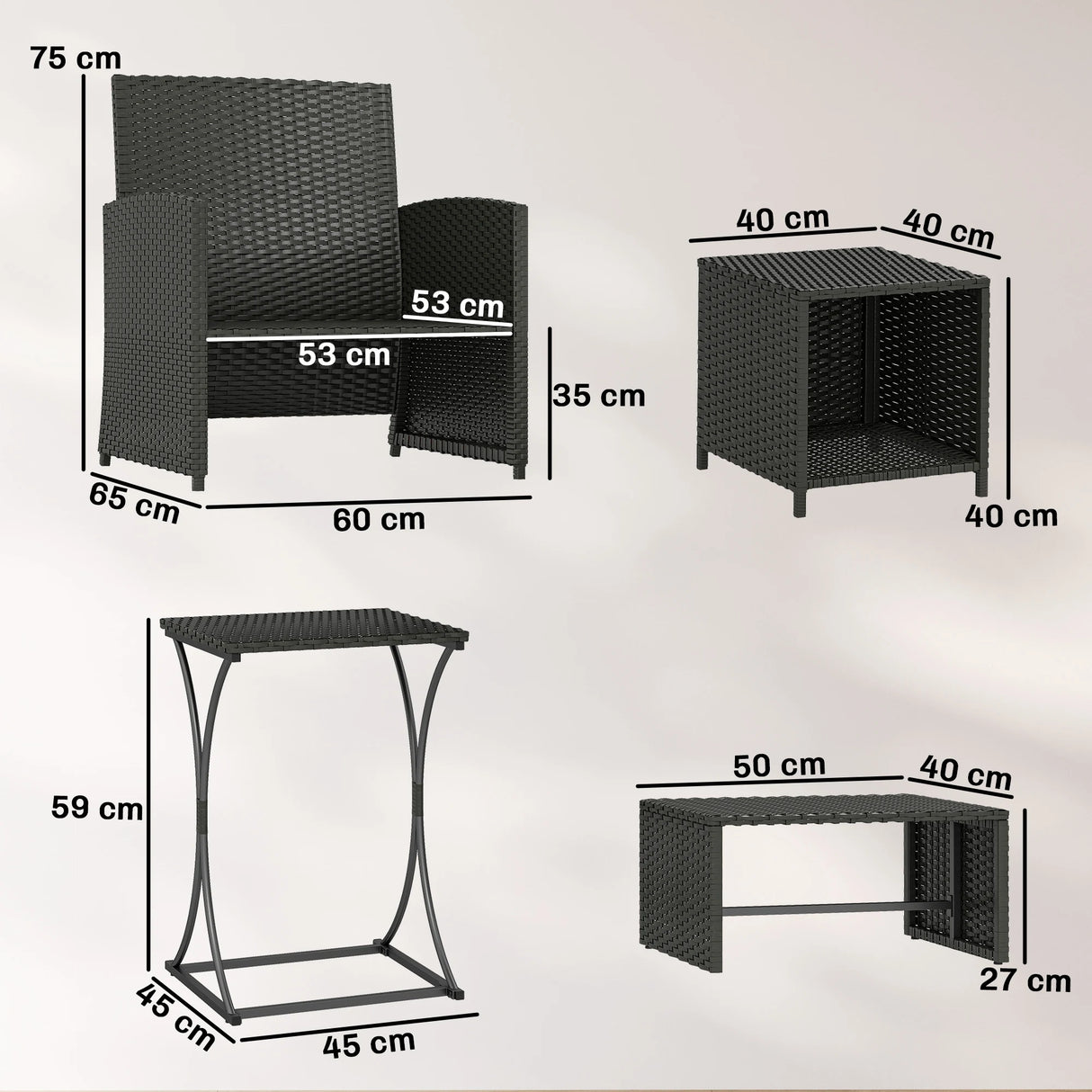 Outsunny 6 Piece Rattan Garden Furniture, Space-Saving Patio Furniture Set with Nesting Tables, Chairs, Stools, Cushions, Black