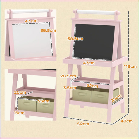 AIYAPLAY 3 in 1 Kids Easel Double-Sided Magnetic Whiteboard and Chalkboard with Paper Roll, Storage Baskets - Pink