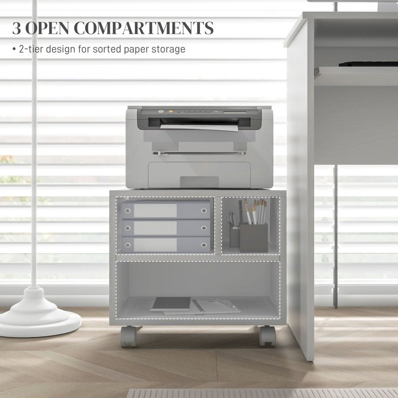 HOMCOM Three-Compartment Printer Cabinet, with Wheels - White